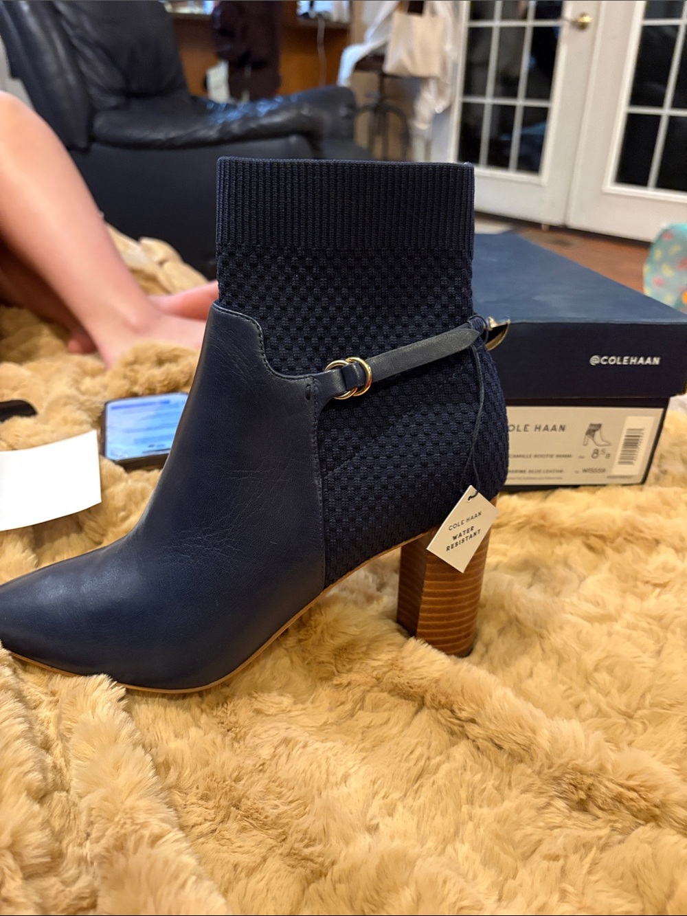 Cole Haan Navy Knit & Leather Block Heel Ankle Bootie